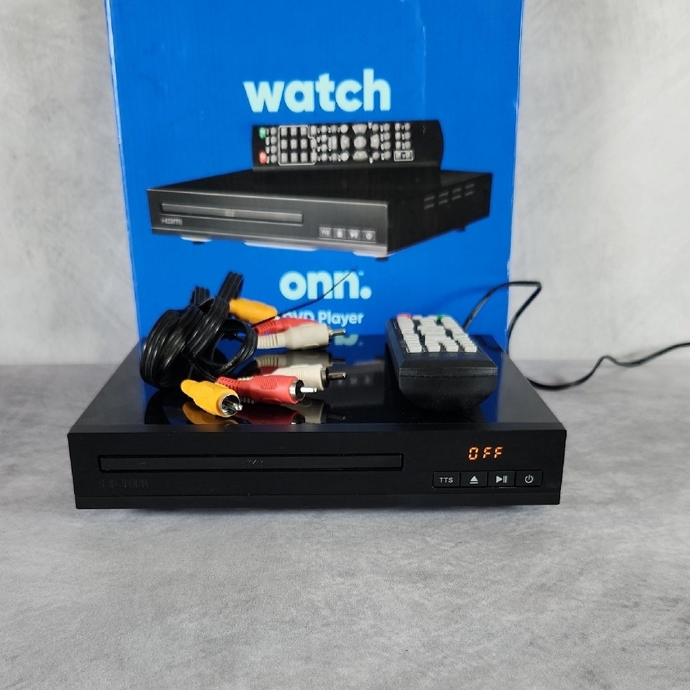 Onn Black DVD Player with Remote and Cables Tested With Box